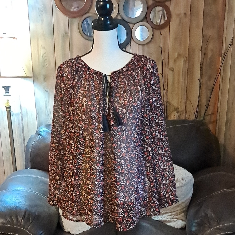 Lucky Brand Womens Black Red Floral Blouse Long Sleeve Tie Front Size 1X Ditsy